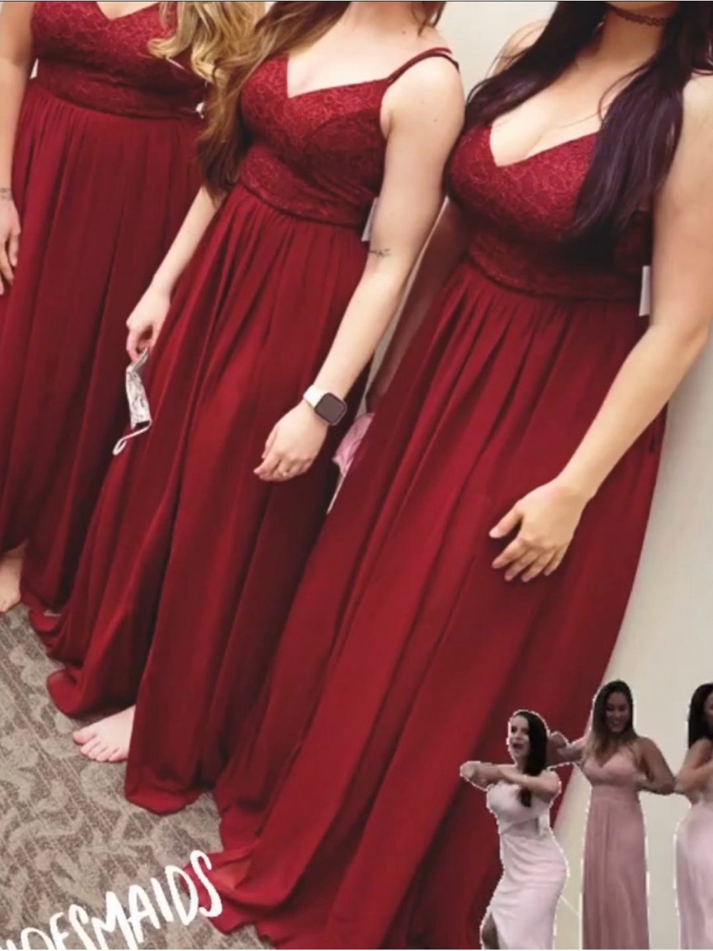 David's Bridal Burgundy Lace & Chiffon Spaghetti Strap Maxi